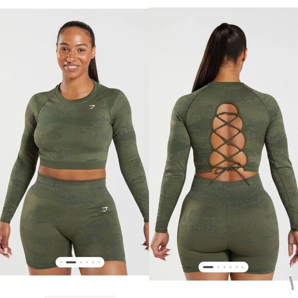 Gymshark Adapt Green Camo Seamless Lace Up Back Top Small Women - Picture 1 of 6